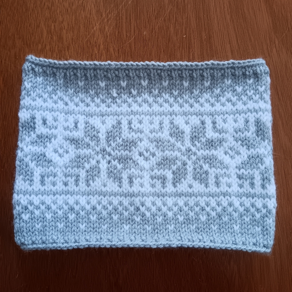 Handmade Handknit Light Gray & White Scandinavian Snowflake Motif Cowl Scarf